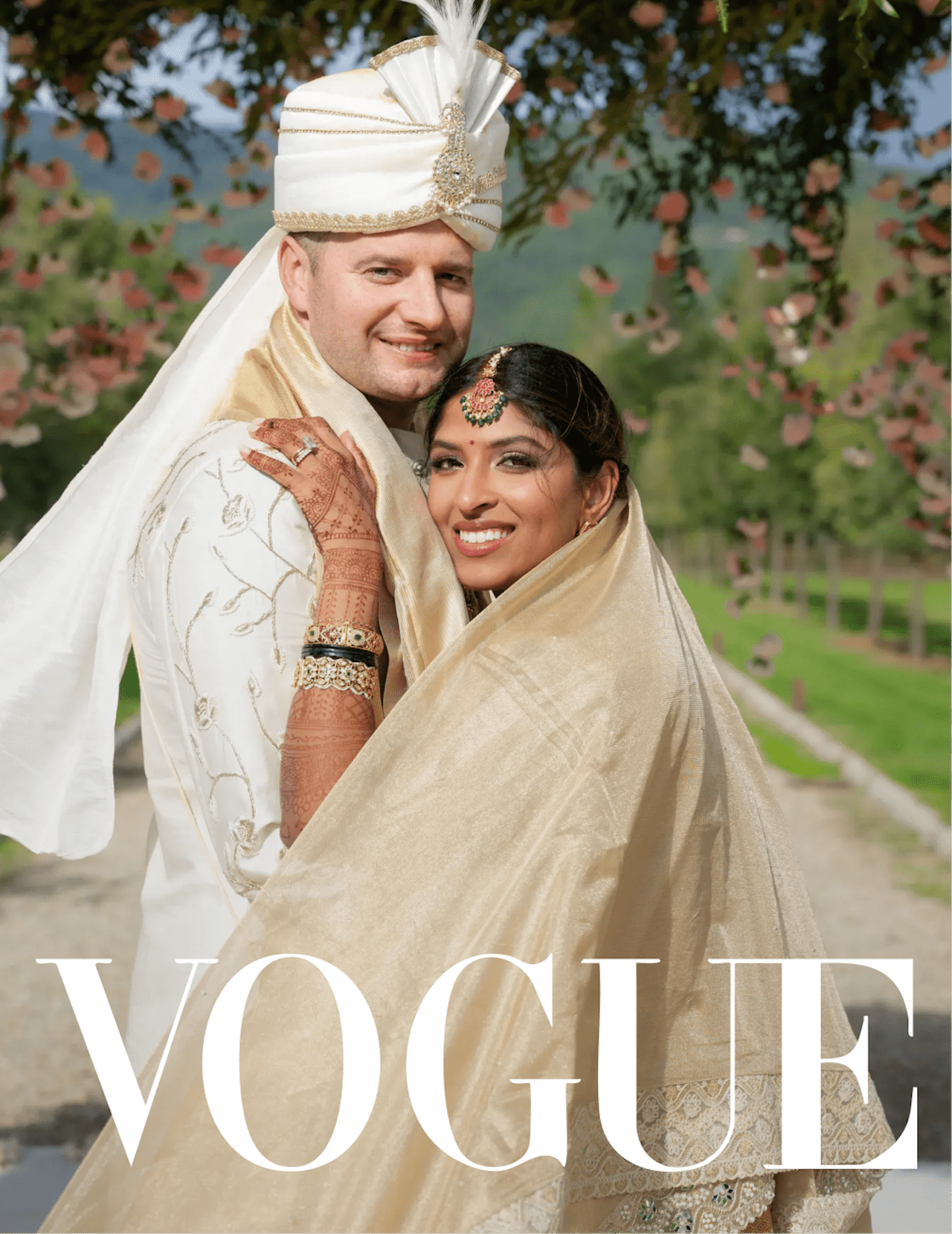 Copertina di Vogue India con Coppia di sposi indiani per il loro matrimonio a Il Borro in Toscana