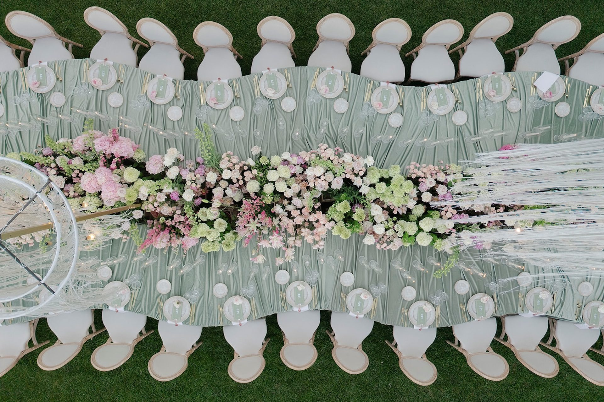 A view from above of a serpentine wedding setup