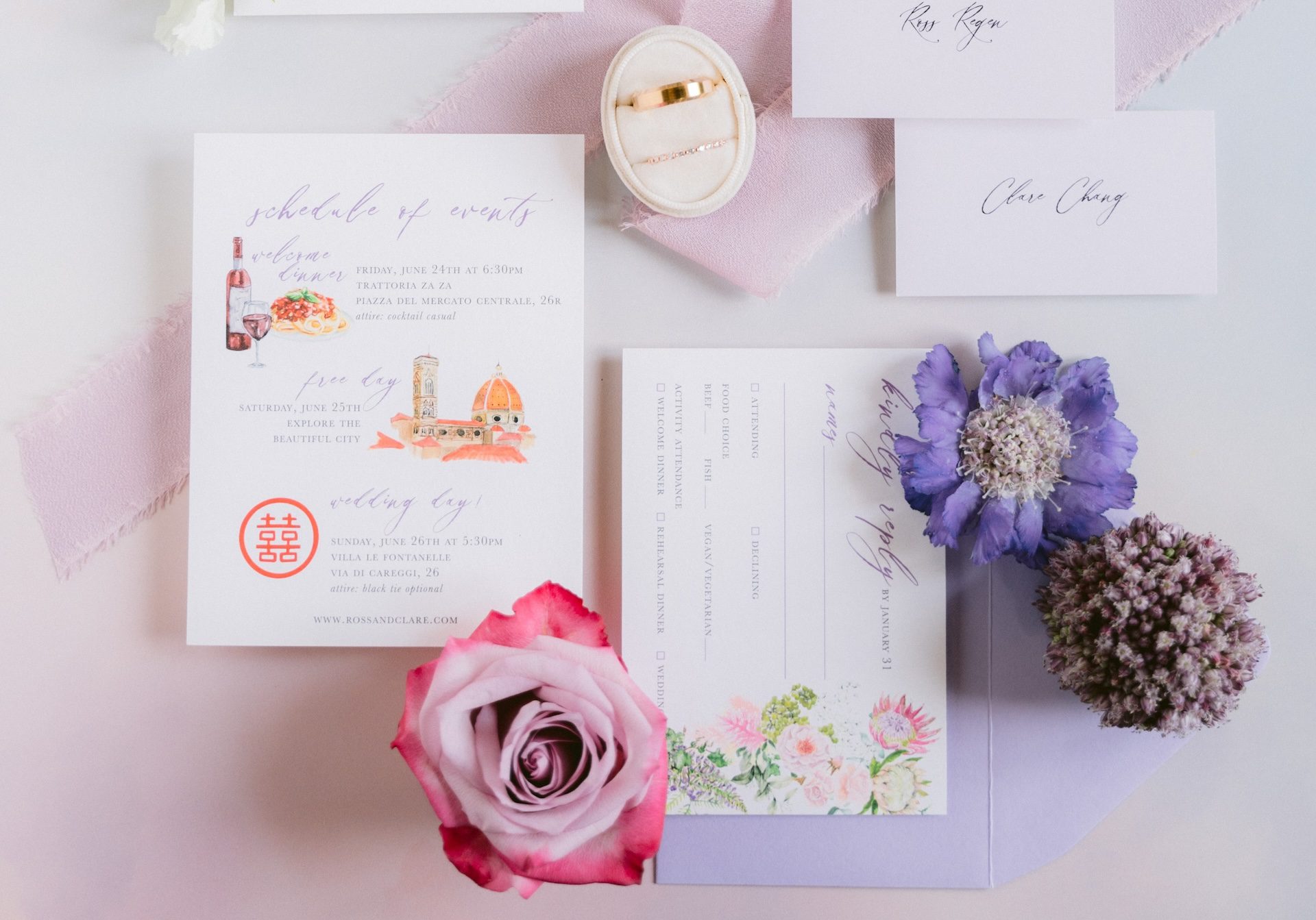 Wedding stationery nei toni del rosa e del viola